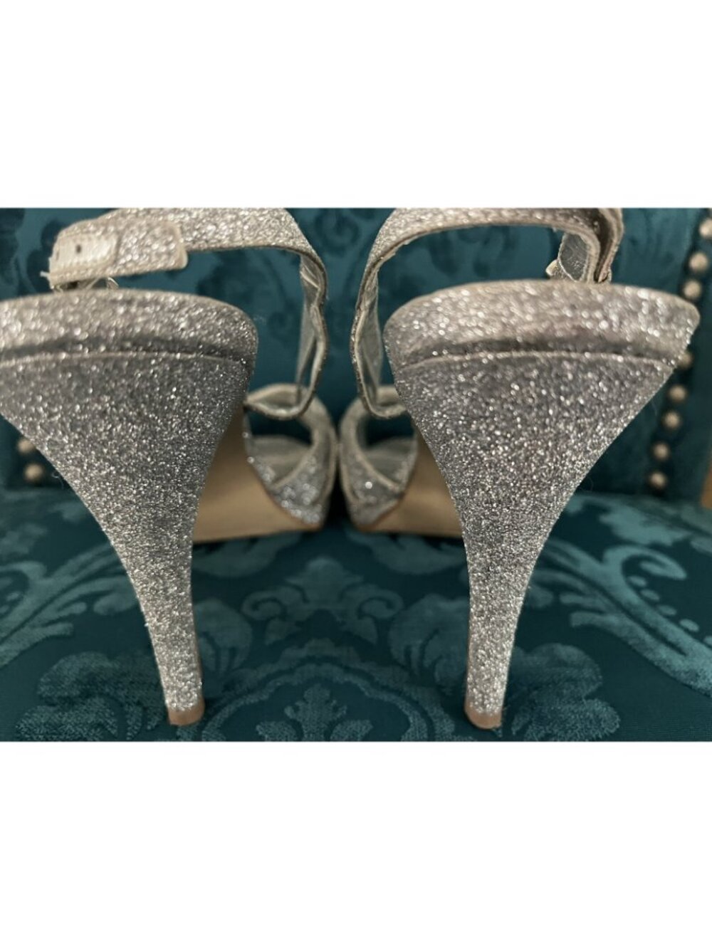 Fernanda Mourão Silver Glitter Slingback Heels Size 9 4.25" Stiletto Open Toe - Picture 10 of 14